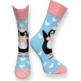 Resim Me-vo Tekli Açık Mavi Renkli Erkek - Kadın Unisex Esnek Nem Alabilen Pamuklu Penguen Desenli Soket Çorap Açık Mavi 