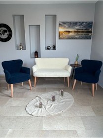 Resim Azra Mobilya Azra Aksesuar Çay Seti Oturma Grubu, Puffy, Koltuk Takımı, Ahşap Ayak, Balkon Bahçe Mobilyası Krem-mavi 