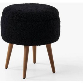Resim Teddy Ahşap Ayaklı Sandıklı Yuvarlak Puf Makyaj Masası Pufu - Dekoratif Ayak Uzatma Pufu Siyah 