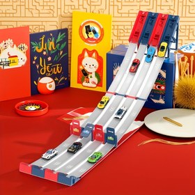 Resim Kayar Ray, Fırlatma Raylı Oyuncak Seti, 2 Ray ve 4 Araba, Ebeveyn-Çocuk Etkileşimli Oyun, Eğitimli Araba Parkuru Montaj Kiti, Alaşımlı Yarış Arabası Seti, Erkek ve Kız Çocukları İçin Hediye, Doğum Günü Hediyesi 