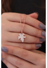 Resim Kadın Çınar Yaprağı 925 Ayar Gümüş Kolye Rose Gold 