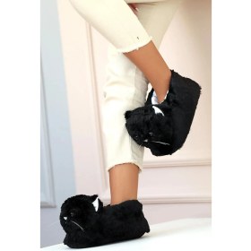 Resim Kışlık Kadın Sevimli Kedi Hayvan Figürlü Peluş Panduf 