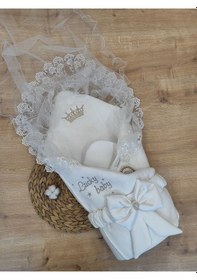 Resim Yenidoğan Hediyelik Bebek Kundağı Unisex Bebek Dış Kundak Hastane Çıkışı Bebek Battaniye Oyun Matı Ekru 