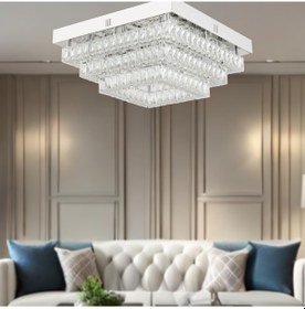 Resim Modina 3 Katlı Krom Ledli 3 Renkli 50 Watt Kristalli Taşlı Modern Tasarım Led Kristal Salon Avize Krom 