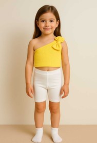 Resim HEREN BUTİK Kadın/Kız Çocuk Fiyonklu Tek Omuz Crop Bluz %100 Pamuklu Fitilli Esnek Kumaş Sarı 
