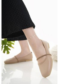 Resim Kadın Babet Bej Taşlı Şık Ev İş Ofis Günlük Ayakkabı 