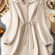 Resim Şık Kadın Kapüşonlu Beli Sıkıla Kaban - Düz Renk, Cep Detaylı Uzun Kollu, Düğme Detaylı Ön, Şık Tüm Mevsimler İçin Dış Giyim 