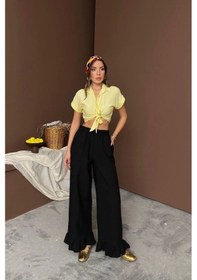 Resim Defymoda Siyah Paçası Fırfırlı Keten Pantolon Siyah 
