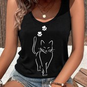 Resim Kedi Aplikasyonu ile Kadınların Rahat Yaka Tank Topu, Polyester ve Spandex Karışımı, Örgü Kumaş, Hafif Yaz ve İlkbahar Modası, Hayvan Desenli Kolsuz Gömlek 