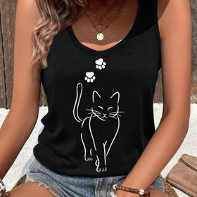 Resim Kedi Aplikasyonu ile Kadınların Rahat Yaka Tank Topu, Polyester ve Spandex Karışımı, Örgü Kumaş, Hafif Yaz ve İlkbahar Modası, Hayvan Desenli Kolsuz Gömlek 