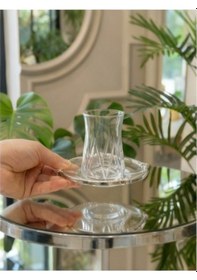 Resim Elta Collection 12 Parça 6 Kişilik Kristal Kesim Çay Takımı Cam Çay Bardağı Ve Tabak Seti Gümüş 