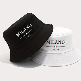 Resim 1 adet MILANO ITALY Baskılı Kovboy Şapkası - İtalyan Bayrağı Tasarımlı Hafif Nefes Alabilir Güneş Şapkası, Katlanabilir Balıkçı Kapağı Erkekler & Kadınlar için, Dış Mekan Spor Seyahat, İlkbahar Yaz (Siyah/Beyaz), Tatil Başlığı 