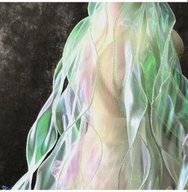 Resim Sunshine011 Yeşil Denizkızı Gümüş İpek Neon Dalga Fırfır Lazer Gradient Dantel Kumaş 