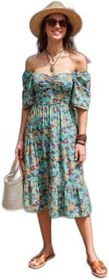 Resim Lela Desenli Oversize Fit Carmen Yaka Büzgü Detaylı Midi Boy Elbise Bayan ELBİSE 67810557 