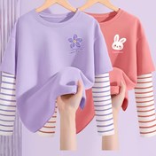 Resim 2 Adet Kız Çocukları için Uzun Kollu Yuvarlak Yaka Tişörtler - Yumuşak Esnek Polyester-Spandex Karışımı, Sevimli Hayvan & Çiçek Baskılı, Mor & Pembe Günlük İlkbahar/Sonbahar Örgü Üstleri 12 Yaş ve Altı İçin 