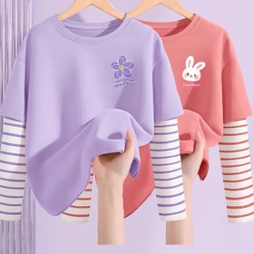 Resim 2 Adet Kız Çocukları için Uzun Kollu Yuvarlak Yaka Tişörtler - Yumuşak Esnek Polyester-Spandex Karışımı, Sevimli Hayvan & Çiçek Baskılı, Mor & Pembe Günlük İlkbahar/Sonbahar Örgü Üstleri 12 Yaş ve Altı İçin 