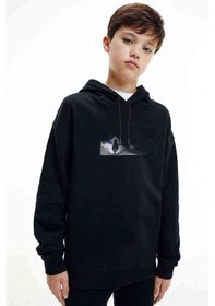 Resim Tshirthane Blue Eyed Cats Baskılı Unisex Çocuk Kapüşonlu Siyah Sweatshirt 