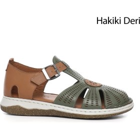 Resim Gönderi(r) Kadın Haki Dolgu Topuk Hakiki Deri Sandalet 