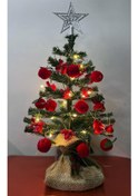 Resim Yılbaşı Masaüstü Süslü Yeni Yıl Çam Ağacı 40 cm, Kütüklü Kırmızı 