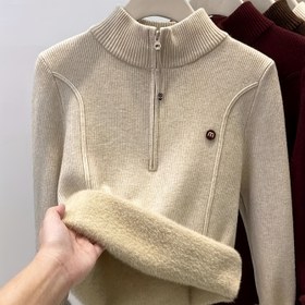 Resim Kadınların şık bej polarlı yarım fermuarlı kazak - Yüksek boyun, uzun kollu, düğmeli kardigan, ilkbahar ve sonbahar için, tüm mevsimler için rahatlık, günlük şık giyim, mevsimsel moda, yapılandırılmış tasarım, yumuşak dokuya sahip 