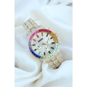 Resim Femina Trendy Clariss Trend Gold Metal Kordonlu Zirkon Taş Kaplama Renkli Taşlı Kasa Tasarımlı Lüx Kadın Ko 