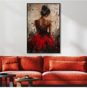 Resim Yağlı Boya Dokulu Tablo Modern Kırmızı Elbiseli Sırtı Dönük Kadın Siyah Çerçeveli U05009-178961 