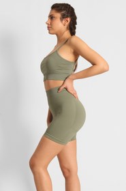 Resim Yüksek Bel Büzgülü Push-Up Spor Tayt Şort Haki - XS 