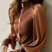 Resim Şık Viskon Örgü Kazak, Yüksek Boyunlu Fener Kol Üstü, Düz Renkli Uzun Kollu Kazak, Sonbahar/Kış İçin Normal Kalıp, %100 Viskon Kumaş, 412g/m² Ağırlık 