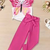 Resim Kızlar için Kelebek Desenli Volan Askılı Üst ve Magenta Geniş Bacaklı Pantolon Takımı - Gençler için Şık Bahar / Sonbahar Kıyafeti, Polyester Karışımı, Rahat Tarz, Dış Mekan İçin 
