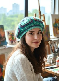 Resim Kemzey Handmade El Yapımı Ressam Beresi , Kadın Ressam Bere, Renkli Kadın Bereleri Mor - Yeşil 