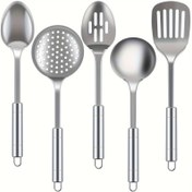 Resim Ergonomik Saplı 5 Parça Paslanmaz Çelik Mutfak Alet Seti - Dayanıklı, Toksik Olmayan Pişirme Araçları, Kaşık, Kepçe, Delikli Spatula ve Daha Fazlası Dahil 
