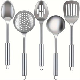 Resim Ergonomik Saplı 5 Parça Paslanmaz Çelik Mutfak Alet Seti - Dayanıklı, Toksik Olmayan Pişirme Araçları, Kaşık, Kepçe, Delikli Spatula ve Daha Fazlası Dahil 