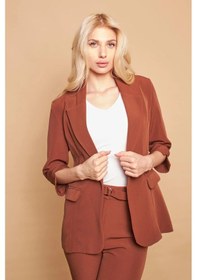 Resim Yakalı Tek Düğmeli Kapri Kollu Kolu Yırtmaçlı Hafif Likralı Kumaş Blazer Ofis Ceket-koyu Taba K.taba 