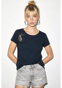 Resim Shade Kadın Pamuk El İşi Nakış Detaylı Tasarım T-shirt 1006 60282052 - Siyah L 
