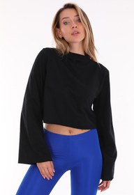 Resim Kadın Siyah Pamuklu Yarasa Kol Crop Sweatshirt 