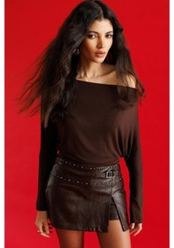 Resim Mixray 4796 Kadın Asimetrik Yaka Uzun Kollu Basic Bluz Kahve 