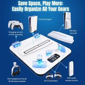 Resim TNP Products PS5 Slim ve PS5 Konsolu için Soğutma Standı - Playstation 5 Slim Disk ve Dijital Edition için 4 Hız Modu Dikey Soğutma İstasyonu, PS5 Slim ve PS5, PSVR2 Kontrolörleri için Çoklu Şarj Yuvası 