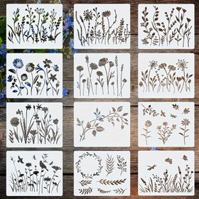 Resim Çiçek ve Bitki Boyama Şablonları için 12 Şablon, 14.99*11.94 cm Ölçüsünde El İle Çizilmiş Doodle Desenleri, Çeşitli Ahşap Duvar Mobilyaları, Cam, Tuval, Zemin Karoları ve DIY Ev Dekoru Malzemeleri için Uygun. 