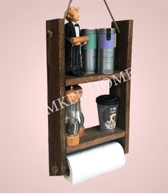 Resim IMKER HOME Dekoratif Rustik Masif Rulo Kağıt Havluluk Baharatlık Halatlı Ahşap Mutfak Rafı Terek 