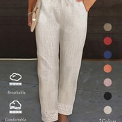 Resim Kadınlar için Turuncu Renkli Geniş Bacaklı Pantolon, Rahat, Nefes Alabilen Düz Bacaklı Pantolonlar, Esnek Yan Cebi ile Bahar/Yaz/Sonbahar için, Günlük ve Tatil Giyim, Mevsimlik Moda, Dantel Detaylı, Rahat Kesim 