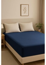 Resim 140 X 200 Cm Düz Pamuklu Tek Kişilik Lastikli Fitted Penye Çarşaf Lacivert 