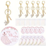 Resim 6 Set Quinceanera Parti Hediyeleri Misafirler İçin 18 Yüksek Topuklu Ayakkabı Anahtarlıklar, 18 Teşekkür Kartları Küçük Quinceanera Kartları, Doğum Günü Misafirleri için 18 Organze Çantalar 