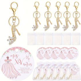 Resim 6 Set Quinceanera Parti Hediyeleri Misafirler İçin 18 Yüksek Topuklu Ayakkabı Anahtarlıklar, 18 Teşekkür Kartları Küçük Quinceanera Kartları, Doğum Günü Misafirleri için 18 Organze Çantalar 