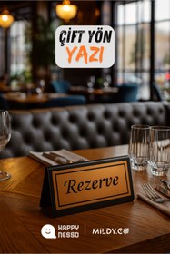 Resim Happynesso Masa Yazısı Serisinden SİYAH Pleksi Üstü ÇİFT Yön BRONZ Metal "REZERVE" Yazısı - 100 mm X 50 mm 