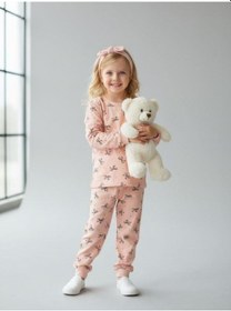 Resim Kız Çocuk Pamuklu Fiyonklu Pijama Takımı-16829 Pudra 