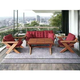 Resim Berlin Masif Ahşap Koltuk Takımı Kestane Ağacı-3+1+1+masa B Kt Kırmızı 