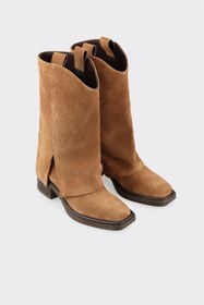 Resim Elle Taba Deri Kadın Western Çizme 