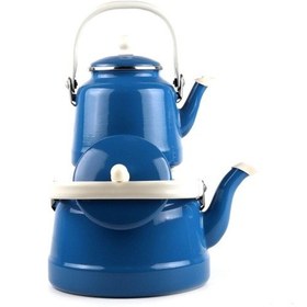 Resim Alev Emaye Vintage Mavi Çaydanlık Seti Üstten Saplı Çift Kapaklı 