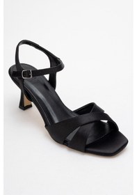 Resim Luvishoes Luvi Shoes Melin Siyah Saten Çapraz Bantlı Kadın Topuklu Ayakkabı Saten Siyah 