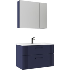 Resim Orka Bari V2 85 cm Çekmeceli Aynalı Dolaplı Banyo Dolabı Takımı | Dolaplı | Mat Lacivert 